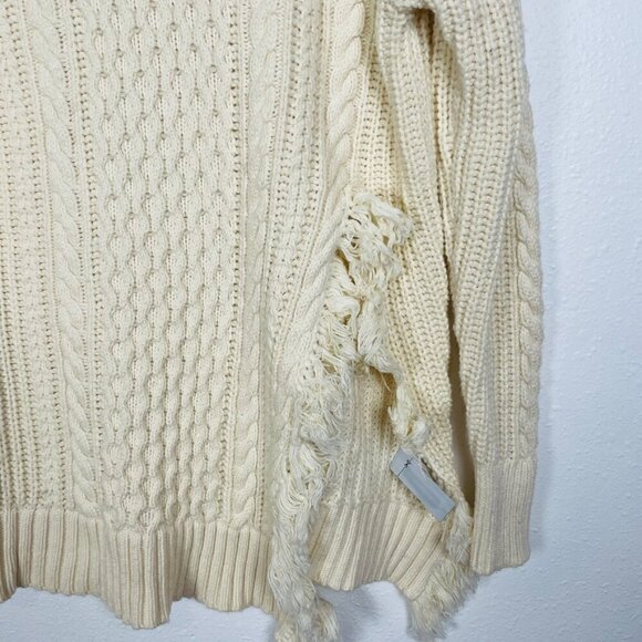JCREW Cream Oversize Wool Blend Cable knit Fringe Asymmetrical Sweater Size: XS - Picture 9 of 13